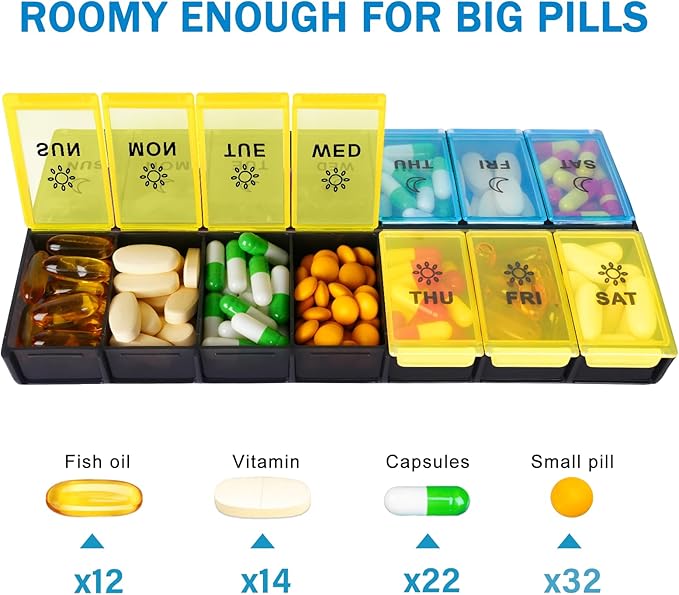 Mossime XL Large Daily Pill Organizer 2 Times a Day, Extra 7 Day Pill Box Am Pm, Weekly Day Night Vitamin Holder, Medicine Organizer, Big Pill Container, Medication Dispenser 14 Compartments