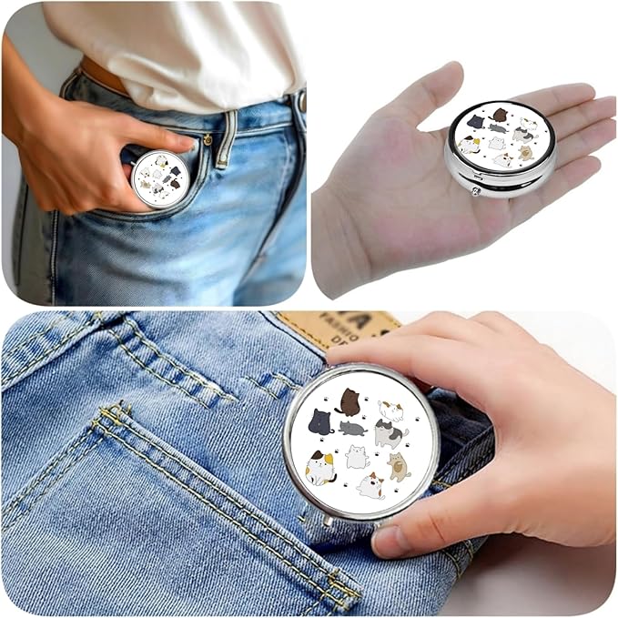 3 Compartment Travel Pill Case, Sealed Portable Pill Container Mini Size Metal Pill Box for Pocket Purse, Three Times a Day Pill Organizer for Children, Men and Women - Kawaii Cat
