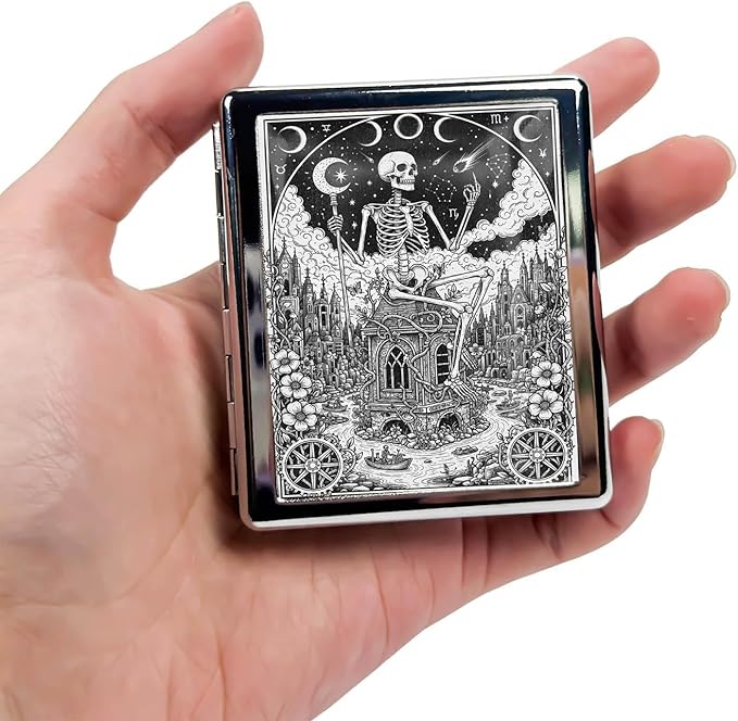 Pill Organizer Box with Mirror,8 Compartment Chrome Pill Case, Pocket-Size Travel Pill Container for Vitamins, Seniors, Daily Use,Rectangle 7 Days Pill Box Pill Case (The Mysterious Skeleton)