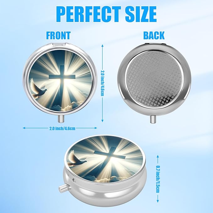 Cross Heaven Pill Case, Blessed Pill Box 3 Compartments Metal Small Pill Holder with Mirror Mini Travel Pill Container for Purse Pocket Women Men