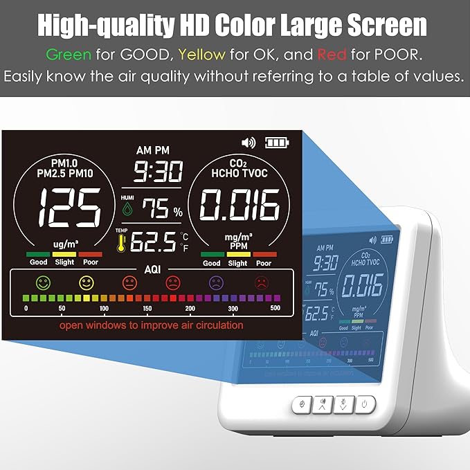 Professional Indoor Air Quality Monitor with AQI Alerts, Portable Real-Time Detector for Home, Car, Plants & Pet