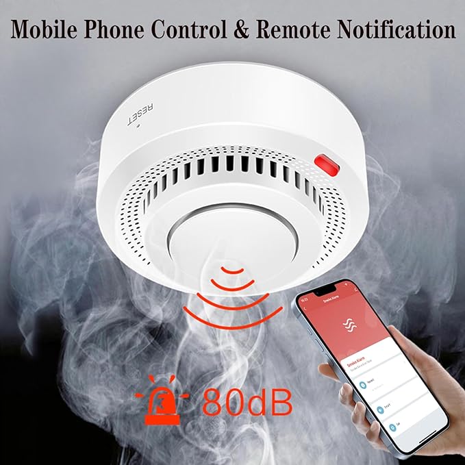 Smart Smoke Detector Fire Alarm: WiFi Smoke Detector with App Notifications, Wireless Smoke Alarm with Photoelectric Sensor for Home, Tuya App Remote Control, Battery Included