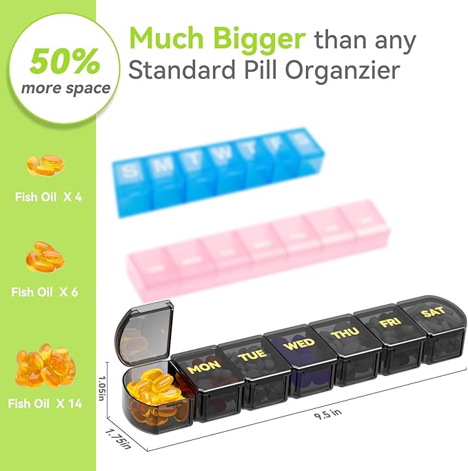 Large Pill Organizer Weekly - SHIJOINYU 7 Day Pill Box with Easy-Open Design, Daily Medicine Pill Organizer for Vitamins, Supplements, Fish Oils and Medications - Black