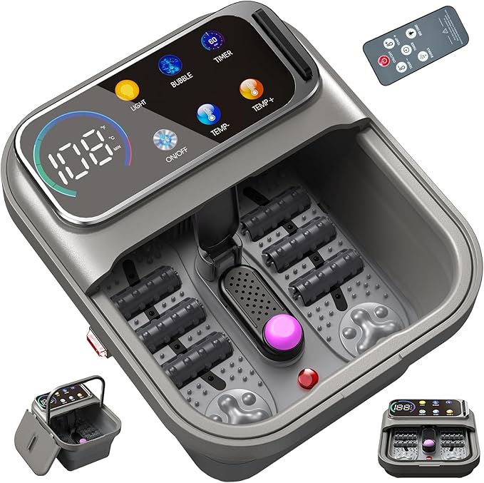 Collapsible Foot Spa Bath with Heat and Bubbles, Portable Foot Soaker Tub with XL Touch Screen, Temp Control & Massage Rollers, At-Home Pedicure Spa for Stress Relief