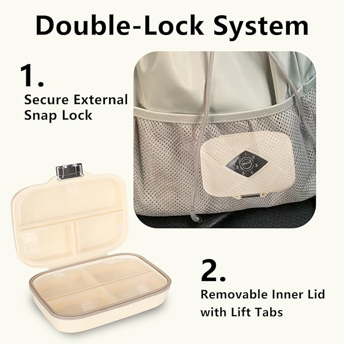 Weekly Pill Organizer, 7 Compartment Travel Pill Case with Rotatable Dose Recorder, Daily Waterproof Airtight Medicine Box for Vitamins & Supplements, Black Small, Cream White Large