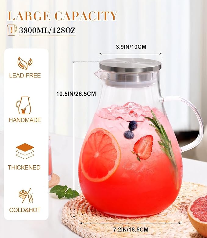 LUNA & MANTHA 1 Gallon Glass Pitcher with Lid, 128oz Glass Water Pitcher with Handle for Fridge, Borosilicate Large Water Jug, Iced Tea, Coffee and Sangria Hot/Cold Beverage (Extra-Wide Mouth)