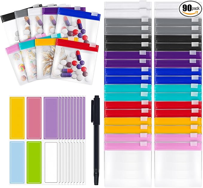 90 Pcs 9 Colors Reusable Pill Pouch Bags, Zippered Translucent Medicine Organizer, Travel Pill Organizer with Labels Slide Lock, Small Plastic Bags for Accessories, Jewelry etc.