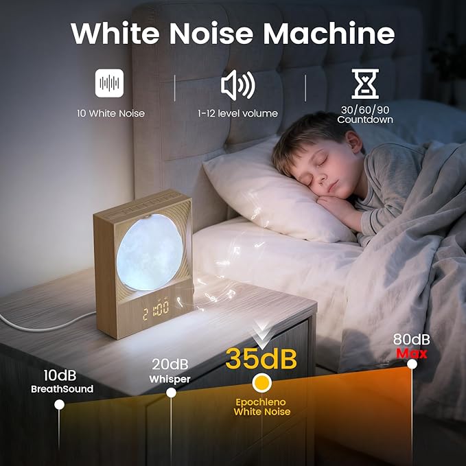 Sunrise Alarm Clock, 360-Degree Rotating Moonlight & 10 White Noise Sounds, Dual Alarm & Snooze for Heavy Sleeper, Timer, Wooden Bedroom Light Gift - Wood