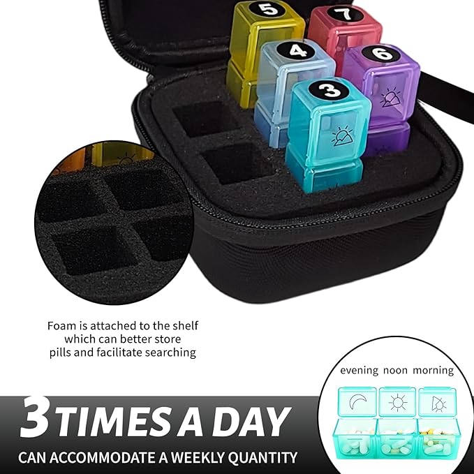 Weekly Pill Organizer, 7-Day Medicine Box with Hard Shell Case, 3 Times Daily Dosage Schedule, Plastic Rectangular Design, Includes Pill Cutter and Weekly Stickers,Black