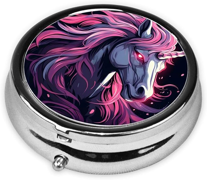 Evil Unicorn Pattern Pill Box 3 Compartment Pill Case, Portable Medicine Pill Organizer for Pocket Purse Pill Box Decorative Metal Medicine Vitamin Organizer