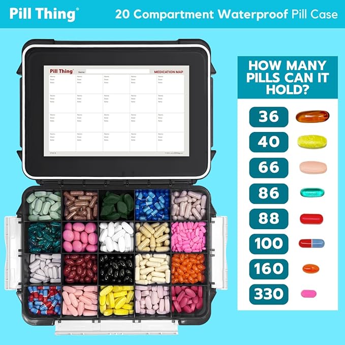 20 Compartment UV Protected Large Pill Case Set with Airtight Seal, Spill Proof, Silicone Gasket Waterproof Med Box with Medication Map & Medical Alert Card (Combo Pack - 1 Black & 1 Blue)