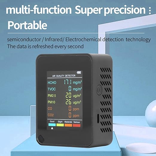 CO2 Monitor, Indoor Air Quality Meters Portable Carbon Dioxide Detector, LCD Backlight Screen CO2 TVOC HCHO PM2.5 PM10 Tester with Alarm Clock, for Home, RV, Grow Tents (Black)