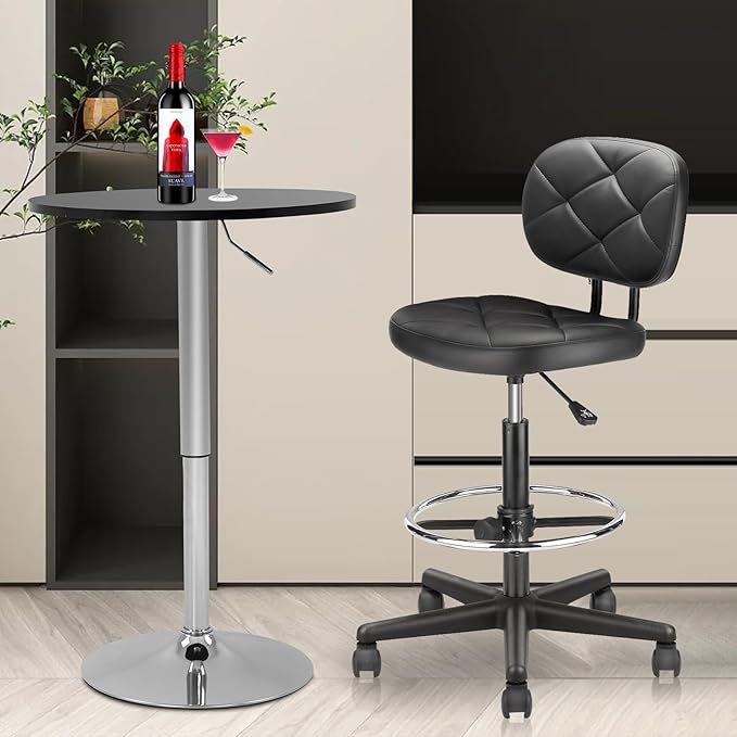 Leather Drafting Stool Chair with Ergonomic Backrest & Footrest, Padded Seat Adjustable Height 360° Swivel Rolling Stools, Tall Office Chair for Standing Desk, Shop, Drawing, Work, Black