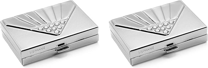 Set of 2 Rectangular-Shaped Pocket Purse Pill Box & Organizer with Dual Compartments (Silver Diamond Gem)