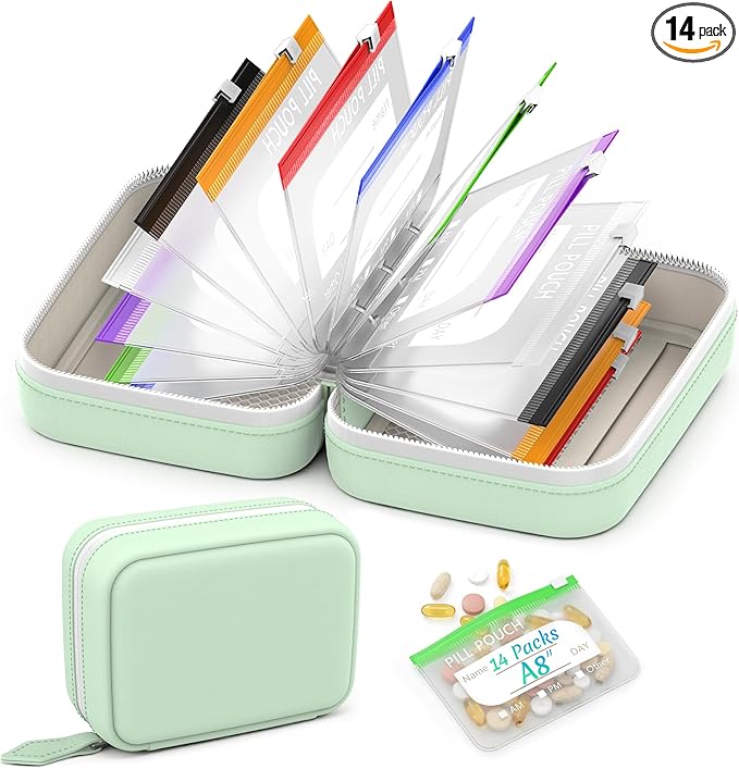 A8 Waterproof Pill Pouch Set, Large Weekly Pill Organizer with 14 Color-Coded Medicine Pouches, Reusable Travel Medicine Organizer, Zippered Pill Storage for Fish Oils, Vitamins（Green）