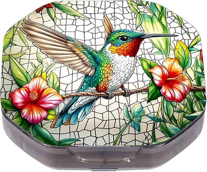 This Portable Flower Hummingbird Pattern 4 Compartment Pill Box Can Be Placed in A Pocket Or Wallet to Store Vitamins, Medicines Health Supplements Other Medications.