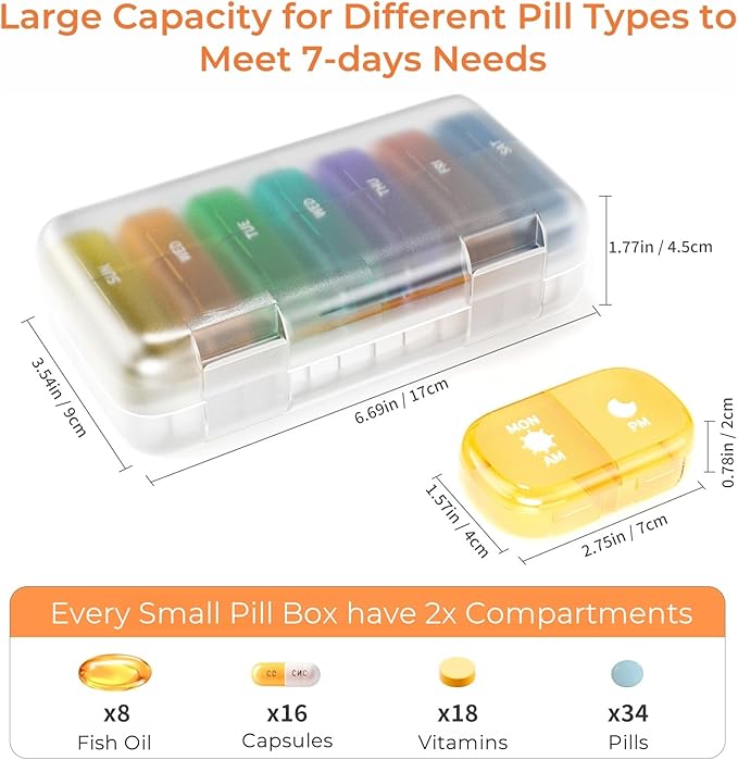 Pill Organizer 2 Times A Day, 7 Day Am Pm Pill Box - Weekly Pill Organizer Twice A Day, Portable Removable Daily Medicine Container Dispenser Case for Vitamin Fish Oil Supplement, BPA-Free (Rainbow)