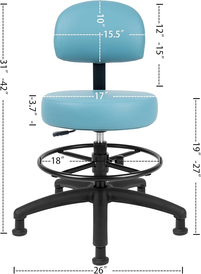 TAKE UR SEAT® Economical Multi-Purpose Medical Spa Drafting Stool with Adjustable seat and Back Height. Advanced Fabric seat Cover is Easy to Clean. Glide (Med. Bench Height Blue)