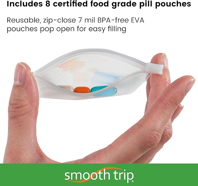Smooth Trip Folding Pill Organizer - Slim Medicine Wallet and Foldable Pill Pouch Organizer with 8 Food Grade Zip-Close Pill Pouches for Home and Travel Medication Storage