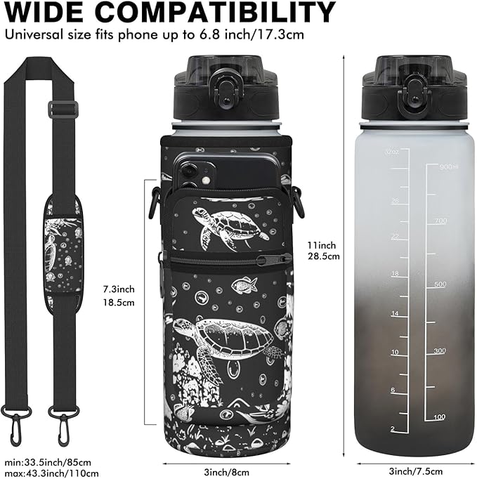 Sea Turtle Half Gallon Water Bottle with Sleeve 32 OZ -Flip Top Bpa Free - Motivational Time Marker Leakproof Water Jug - Sea Turtle Lover for Gifts Women Men