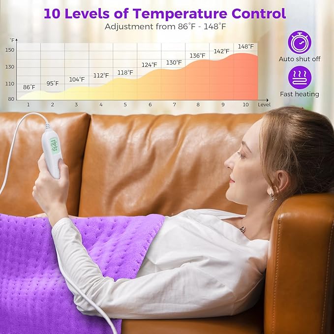 NOWWISH Heating Pad for Back Pain Relief & Period Cramps, 12x24 Inches Electric Heating Pad with 10 Heat Settings, Timer and Auto Shut-Off, Machine Washable, Mothers Day Gifts for Mom Women, Purple