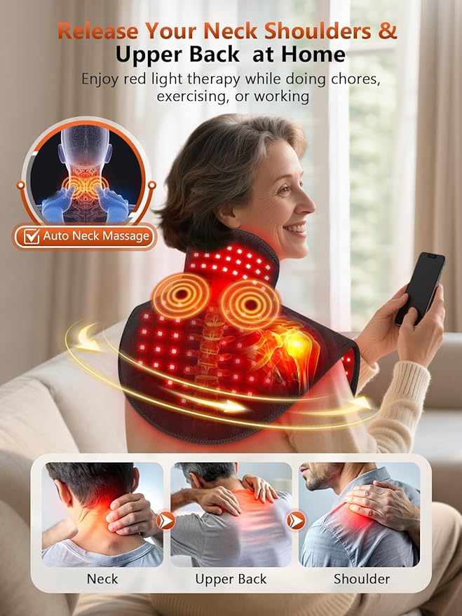 Red Light Therapy for Shoulders and Neck Massage with Heat, 5000 mAh Battery Cordless Near Infrared Red Light Therapy Pad for Body, Wearable Heating Pad for Upper Back, Shoulder & Neck
