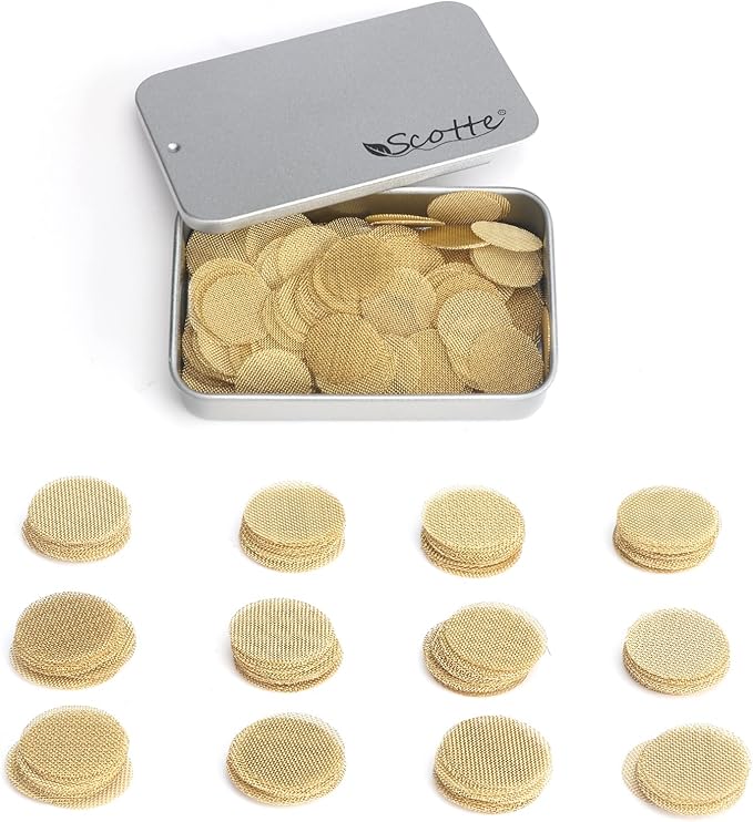 Scotte 200 pcs 5/8 Inch Brass Pipe Screens,15.8mm(0.625in) Metal Pipe Filter Screen with Storage Box