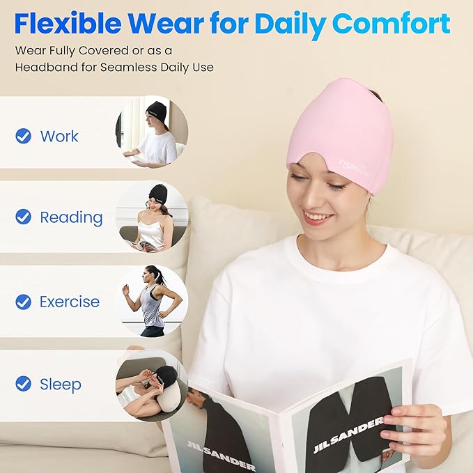 Migraine Relief Cap, Reusable Headache Relief Cap with Hot & Cold Therapy, Soothing Headache Hat, Odorless Gel Ice Head Wrap for Tension, Stress & Sinus, Headache & Puffy Eyes, Pink, 1Pc