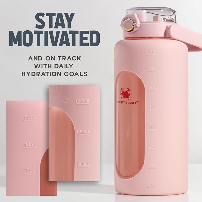 64 Oz Water Bottle with Time Marker & Straw - Pink Pregnancy 2 Liter Glass Water Bottles with Measurements - Daily intake bottle - Leakproof Borosilicate jug