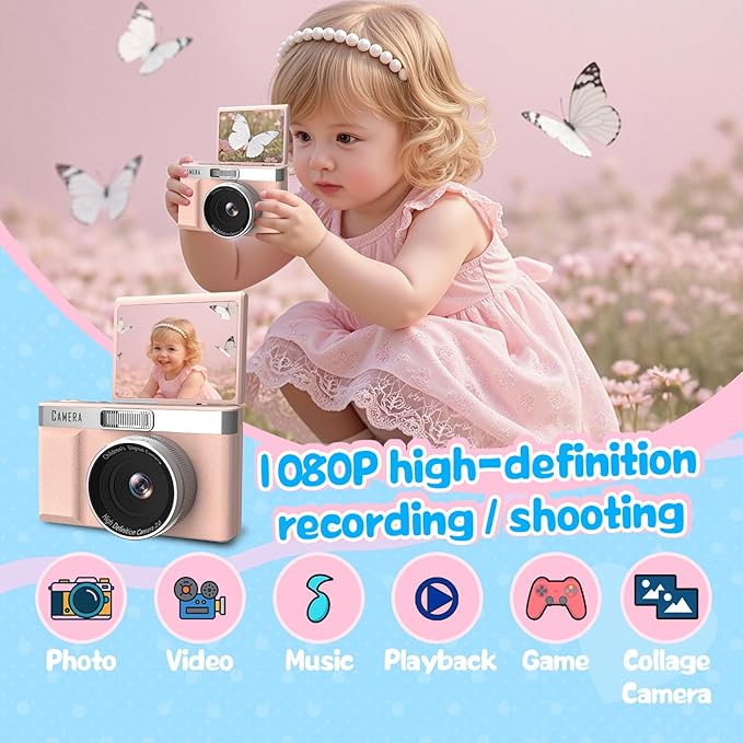 Kids Digital Camera with 180° Flip Screen, 32GB Memory Card Digital Cameras,1080P HD Point and Shoot Digital Cameras, Built in Educational Games,Ideal Gifts for Kids Boys Girls(Pink)