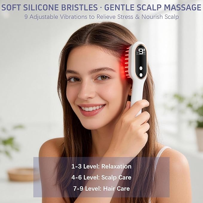 Karrong Hair Scalp Massager Comb Scalp Oil Applicator, Waterproof Red Blue Light Therapy Hair Care Brush, Automatic Vibrating Head Massage Comb for Men & Women