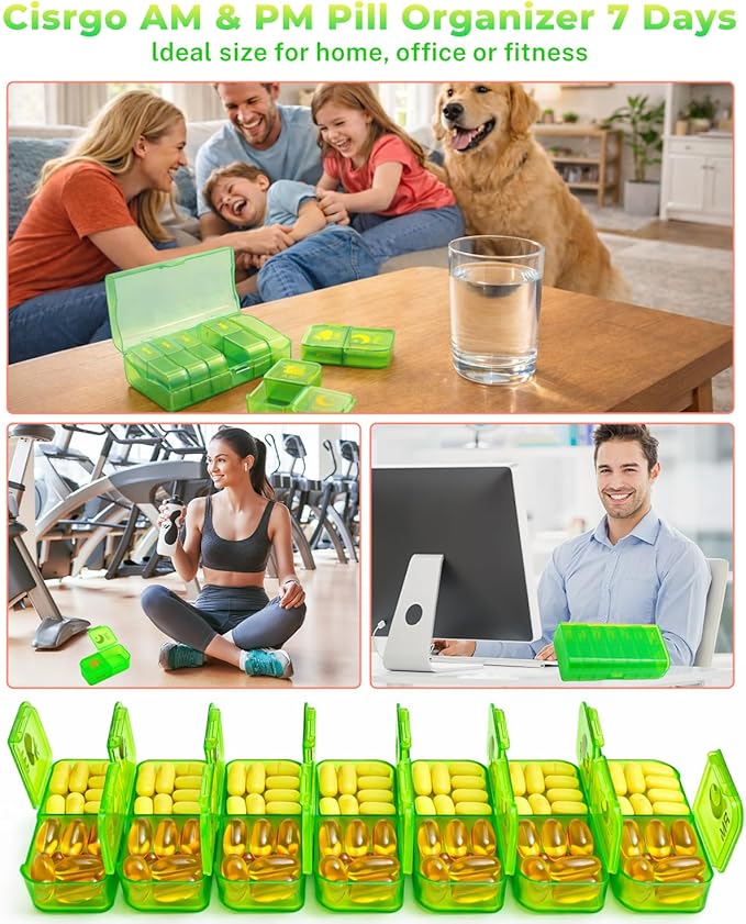 Weekly Pill Organizer 2 Times a Day, 7 Day AM/PM Pill Box, Portable Medication Dispenser with Child-Resistant Latch, BPA-Free, Travel, Office, Pets, Emergency Use (Neon Green)