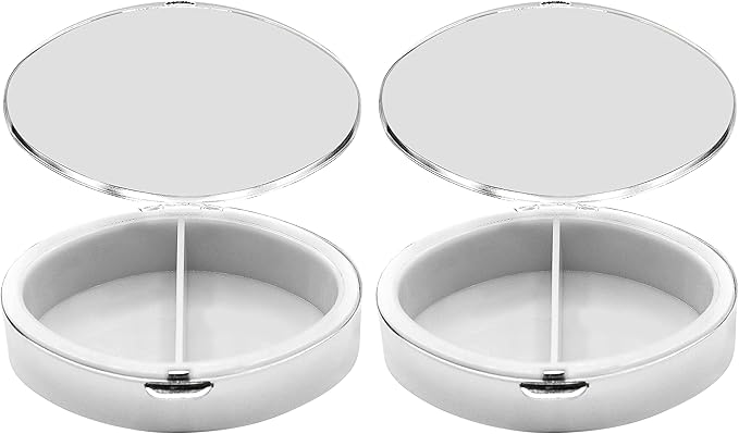 Set of 2 Oval-Shaped Pocket Purse Pill Box & Organizer with Dual Compartments (Gold on Silver)