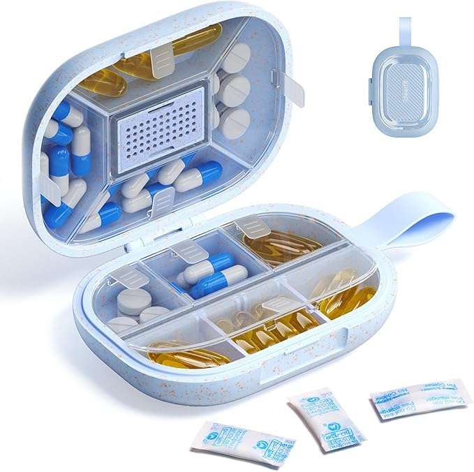 Travel Pill Organizer, Daily Pill Box 8-10 Compartments Adjustable, 7 Day Weekly Label Small Pill Case, Portable Medicine Container Moisture Proof Dry Vitamin Supplement for Pocket Purse-Blue
