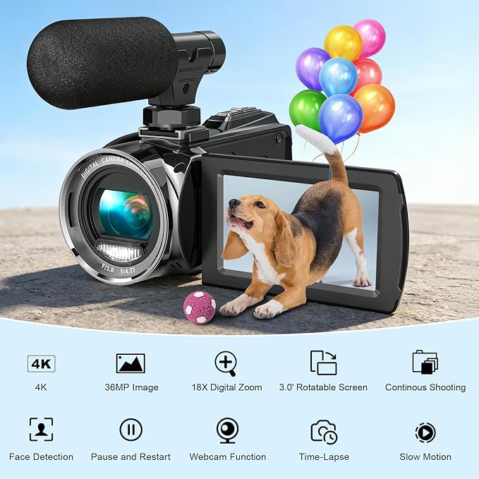 4K Video Camera Camcorder UHD 36MP Vlogging Camera for YouTube 18x Digital Zoom 3" 270° Rotation IPS Screen Video Camcorder with Fill Light, Mic, 32GB Card, Battery