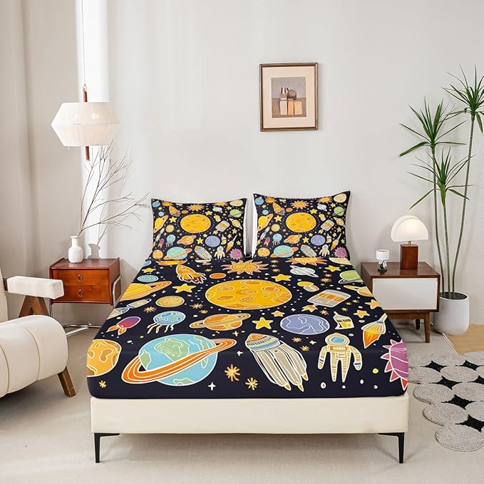 Outer Space Bed Sheet Set Queen, Solar System Fitted Sheet for Kids Planet Solar System Bedding Set Boys Girls Educational Bed Cover Bed Set 3Pcs (No Flat Sheet)