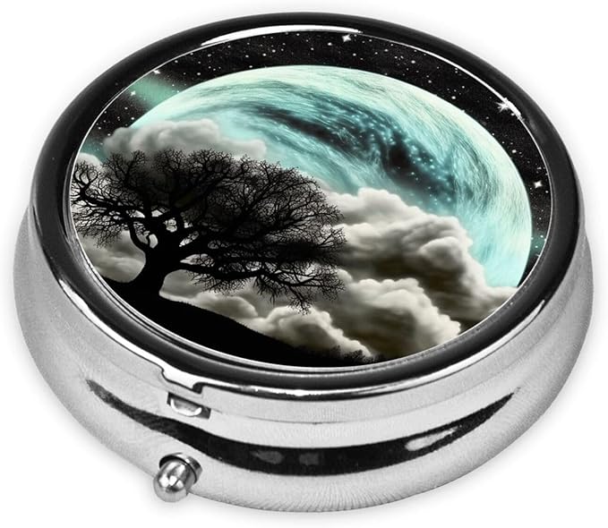 Starry Night Black Tree Art Print Pill Box 3 Compartment Small Pill Case with Mirror Pill Organizer for Outdoor Travel Pocket Purse
