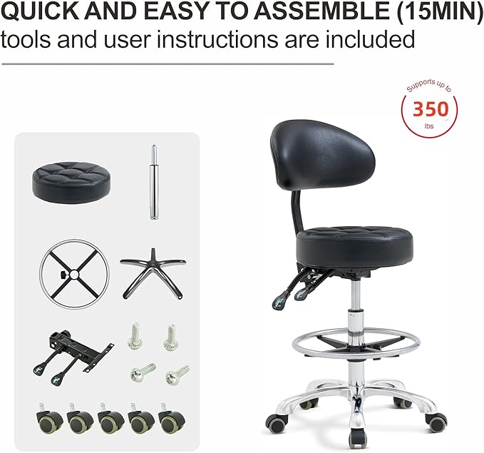 Grace & Grace Height Adjustable Rolling Swivel Tall Stool Chair with Back Support,Heavy Duty Stool with Wheels for Salon,Massage, Factory, Shop,Work (Black,with Back Support)