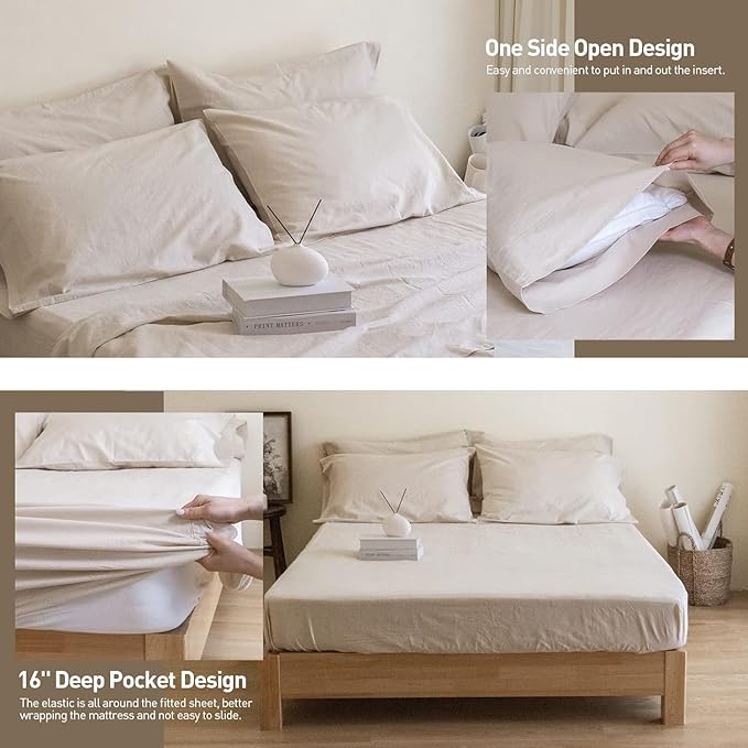 Simple&Opulence Belgian Linen Sheet Set Solid Color - 6 Pieces (1 Flat Sheet & 1 Fitted Sheet & 4 Pillowcases) 16" Deep Pocket Natural Flax Cotton Blended Soft Bedding - Linen, California King