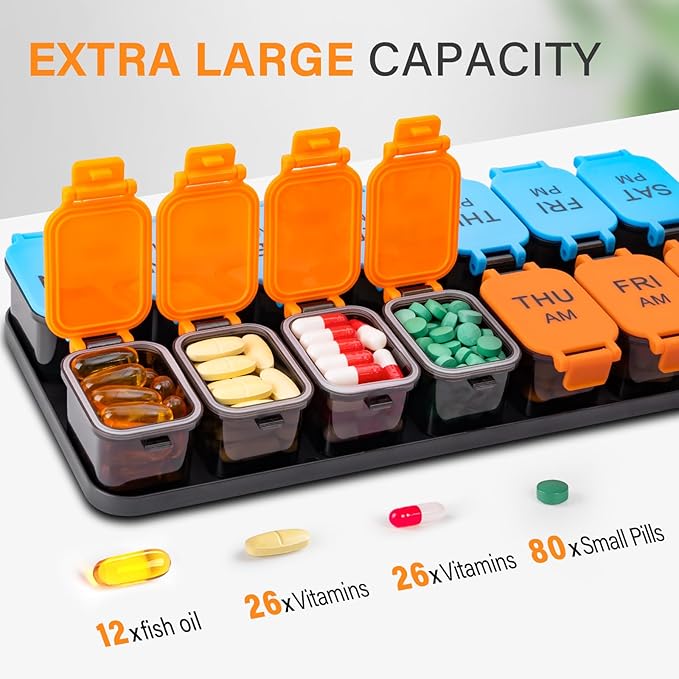 Large 7 Day Pill Organizer, XL AM PM Twice a Day Medicine Storage Box, Big 2 Week Pill Holder for Pills, Vitamins & Supplements, Travel Pill Case for Medication (Blue+Orange)