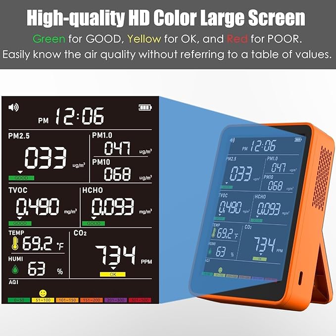 Professional Indoor Air Quality Monitor with AQI Beep Alarms, Portable Real-Time Detector for Home Cars Plants and Pets (Orange)