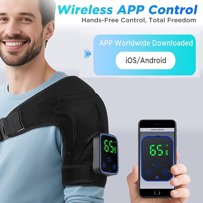 Cordless Heated Shoulder Brace with App Control - 7 Heat & 3 Vibration - Massage Wrap for Rotator Cuff & Frozen Shoulder Relief - Portable Electric Heating Pad for Recovery - Left & Right Shoulder