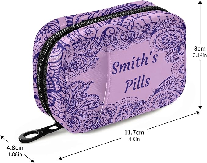 Custom Pill Box 7 Day Pill Case Bag Purple Floral Paisley Personalized Name Travel Pill Organizer Bag with Zipper Portable Weekly Case Compact Size for Vitamin Supplement Holder