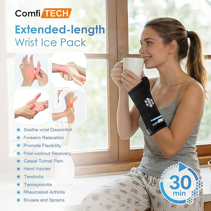 ComfiTECH Dual-Gel Wrist & Thumb Ice Pack Wrap with Extended 30-Min Cooling & Wider Coverage for Forearm, Detachable Cold Pack & Carpal Tunnel Hand Ice Sleeve for Better Putting On & Off, 2 Packs, L