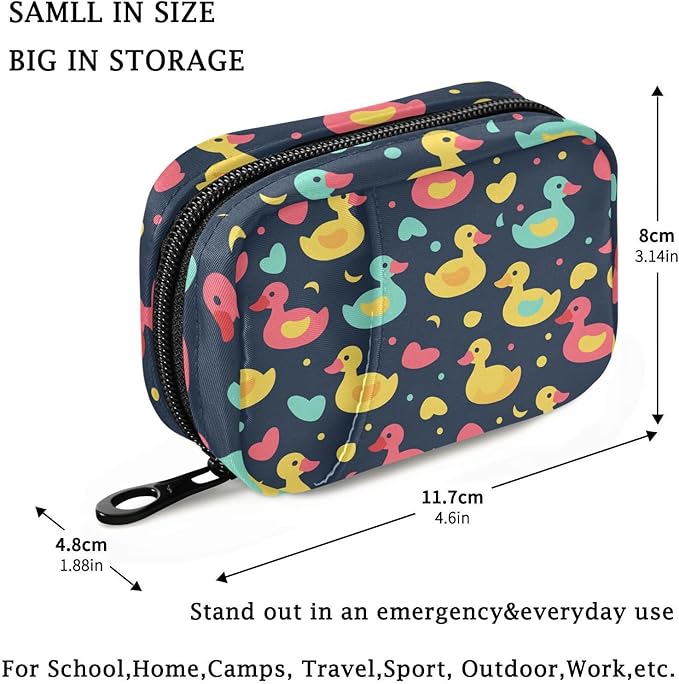 Fustylead Colorful Rubber Ducks and Hearts Travel Pill Organizer Bag with Zipper Small Pill Box 7 Day Pill Case for Purse Storage Weekly Vitamin Medicine Supplement