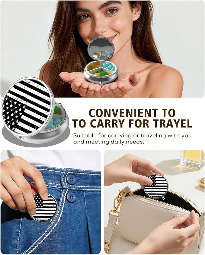 LRITER Pill Case, Portable Travel Pill Box, Pillbox Organizer, Cute Small Medicine Storage Container, Purse Accessories for Women, Men (American Flag)