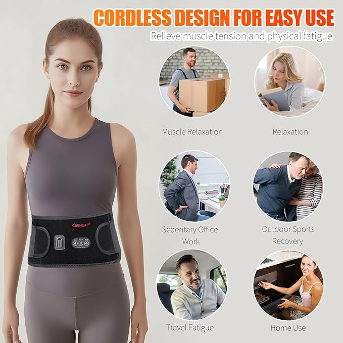 CUEHEAT Heated Waist Belt, Cordless Heating Pad for Low Back, Electrical Heating and Massage, Rechargeable Battery Powered (Black Upgraded,53 inches)
