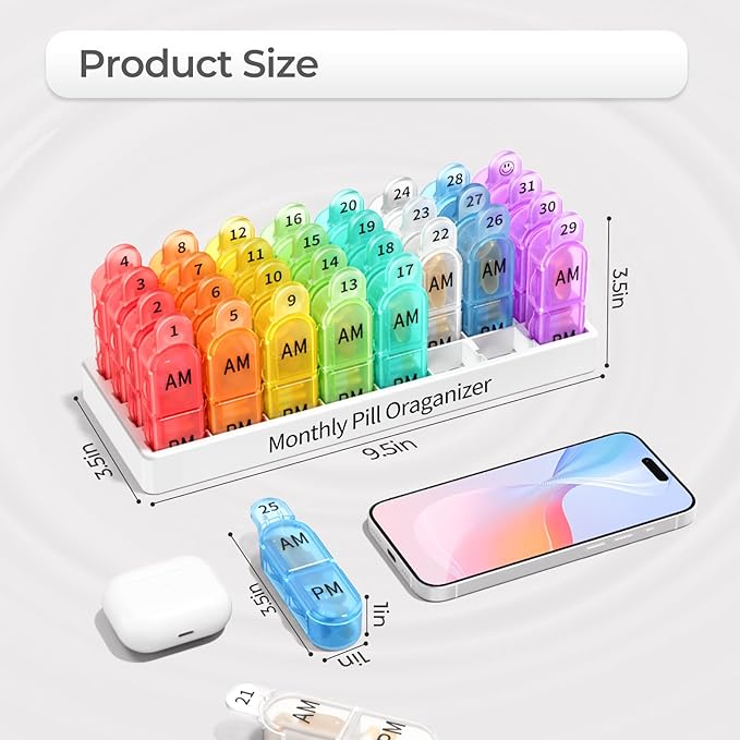 Monthly AM/PM Pill Organizer 2 Times a Day- Colorwing 2nd Gen 30/31-Day Pill Box with Secure Lids, BPA-Free & Sensor-Friendly Design | Large Compartments for Vitamins, Supplements, Medications