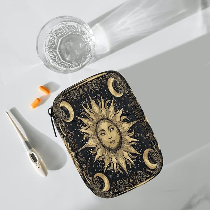 Golden Sun Moon Pill Case Travel Pill Organizer Weekly 7 Day Portable with Zipper Medicine Box Pill Case for Vitamins, Birth Control,Fish Oils,Medication, Supplements