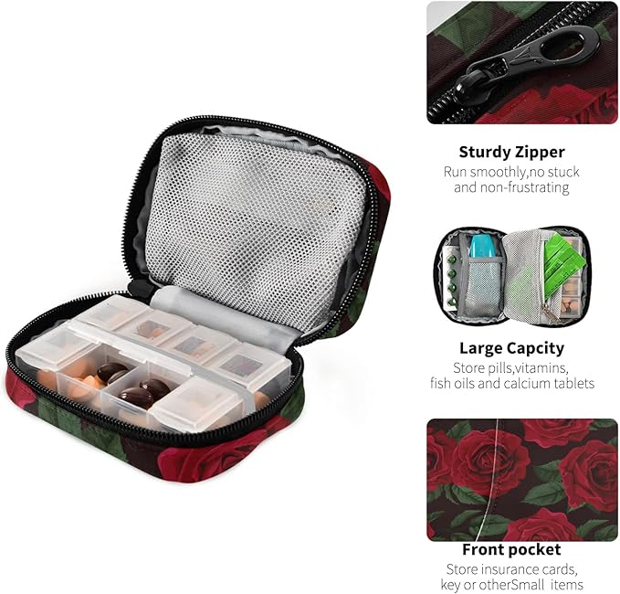 xigua Rose Flower Pill Case 7-Day Travel Pill Organizer Box with Zipper Closure for Vitamins, Medication and Supplements